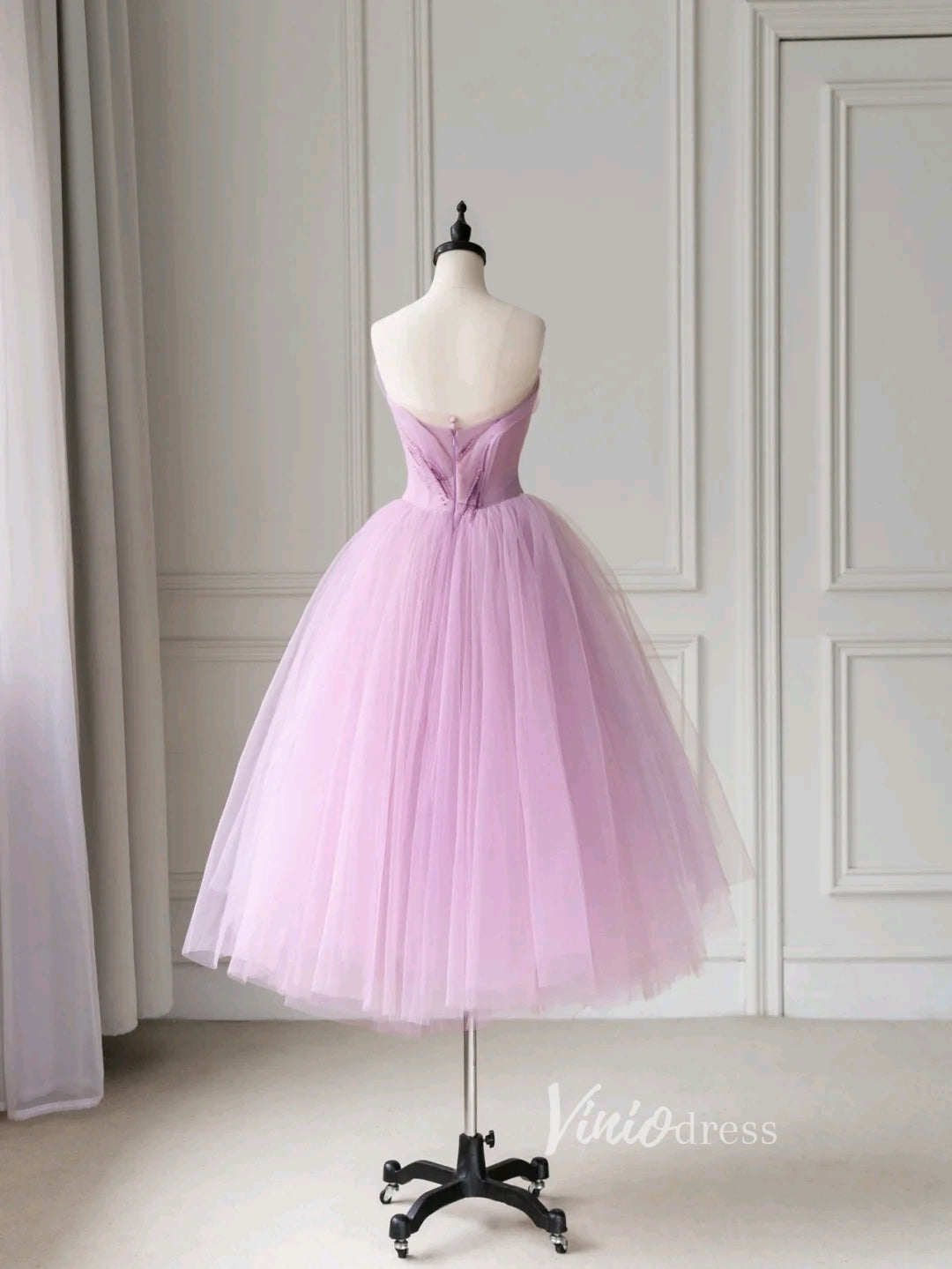 Prom Dress 2025 Pink Tulle Prom Dresses Mid-Length Strapless Homecoming Dress FD3225-unique prom dresses-Pink-Custom Size-Viniodress