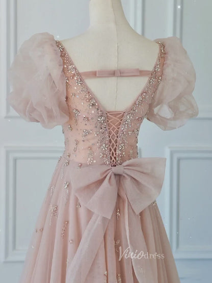 Pink Tulle Prom Dresses Puffed Sleeve Formal Dress FD3235-prom dresses 2025 -Viniodress-Pink-Custom Size-