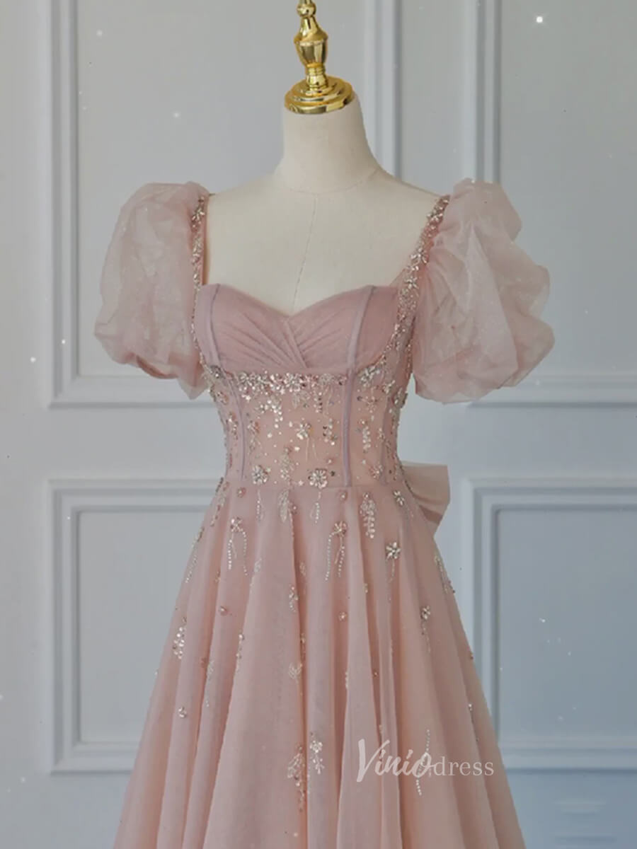 Pink Tulle Prom Dresses Puffed Sleeve Formal Dress FD3235-prom dresses 2025 -Viniodress-Pink-Custom Size-