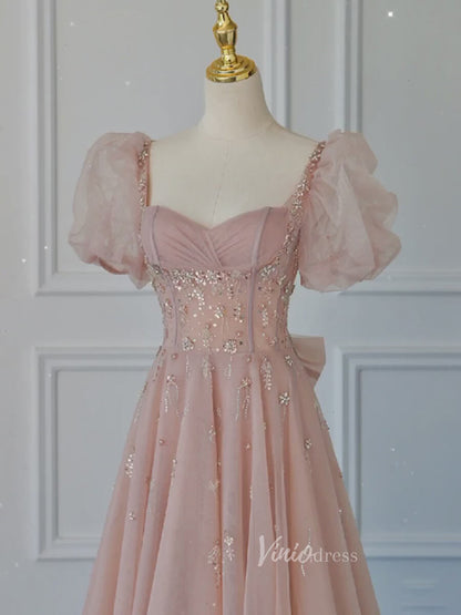 Pink Tulle Prom Dresses Puffed Sleeve Formal Dress FD3235-prom dresses 2025 -Viniodress-Pink-Custom Size-