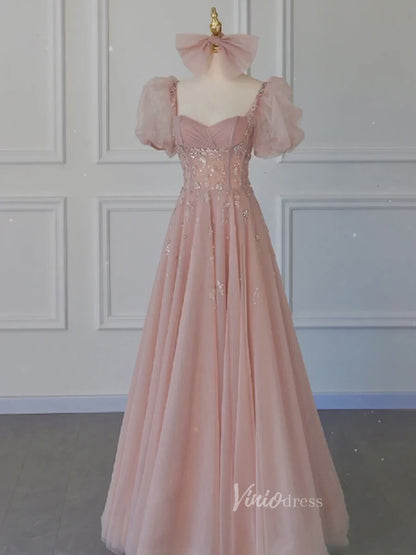 Pink Tulle Prom Dresses Puffed Sleeve Formal Dress FD3235-prom dresses 2025 -Viniodress-Pink-Custom Size-