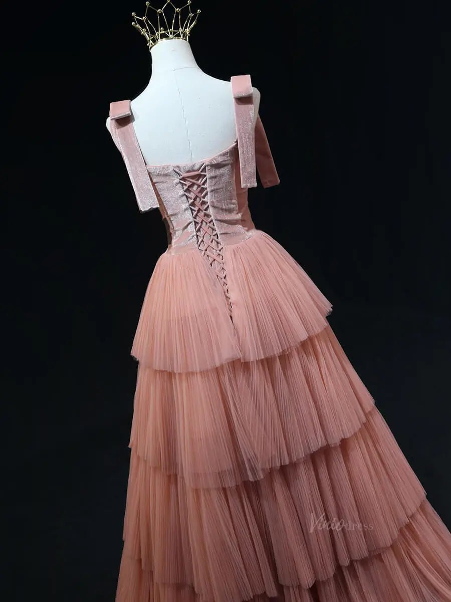 Pink Tulle Prom Dresses with Velvet Bodice, Tiered Bottom, Wide Strap, Formal Gown SU054-prom dresses 2025 -Viniodress-Pink-Custom Size-