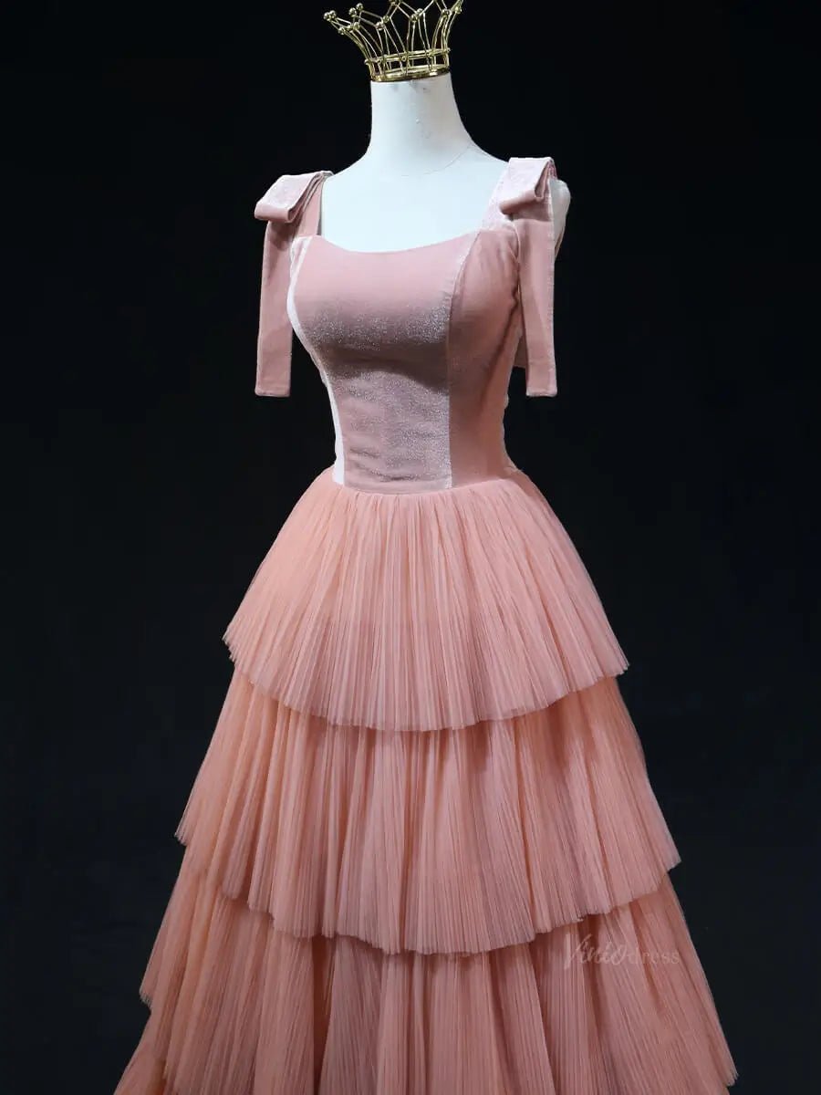 Pink Tulle Prom Dresses with Velvet Bodice, Tiered Bottom, Wide Strap, Formal Gown SU054-prom dresses 2025 -Viniodress-Pink-Custom Size-
