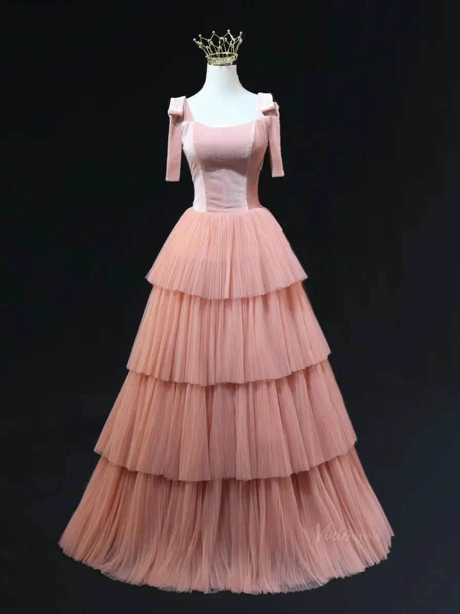 prom dresses 2025 Pink Tulle Prom Dresses with Velvet Bodice, Tiered Bottom, Wide Strap, Formal Gown SU054-plus size wedding dresses Viniodress-Pink-Custom Size-