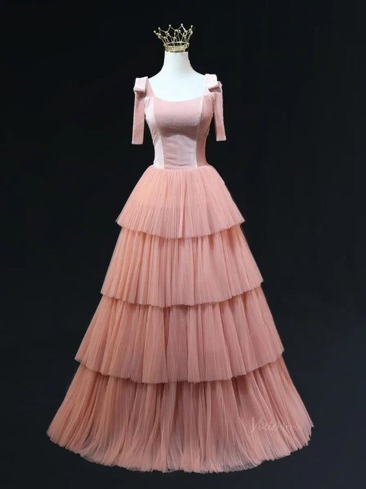 Pink Tulle Prom Dresses with Velvet Bodice, Tiered Bottom, Wide Strap, Formal Gown SU054 - Viniodressprom dressesPinkCustom Size - Formal Dresses - Ball Gowns