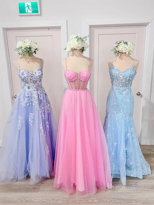 Pink Tulle Sheath Prom Dresses with Spaghetti Strap & Sheer Boned Bodice - FD5172 - Viniodressprom dressesPinkCustom Size - Formal Dresses - Ball Gowns