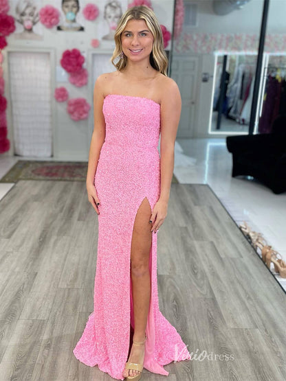 Pink Two Piece Convertible Prom Dresses with Slit Sequin Mermaid Strapless Evening Dress FD2689-prom dresses 2025 -Viniodress-Pink-Custom Size-