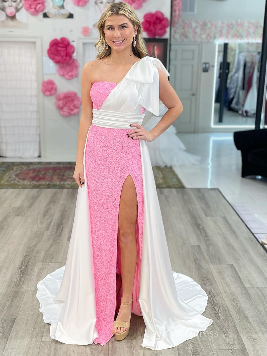 Pink Two Piece Convertible Prom Dresses with Slit Sequin Mermaid Strapless Evening Dress FD2689-prom dresses-Viniodress-Pink-Custom Size-Viniodress