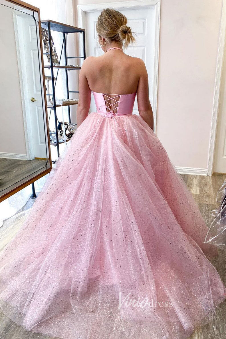 Pink Two Piece Prom Dresses Halter Neck Sparkly Tulle Evening Dress FD3065-prom dresses 2025 -Viniodress-Pink-Custom Size-