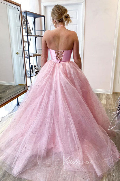 Pink Two Piece Prom Dresses Halter Neck Sparkly Tulle Evening Dress FD3065-prom dresses 2025 -Viniodress-Pink-Custom Size-