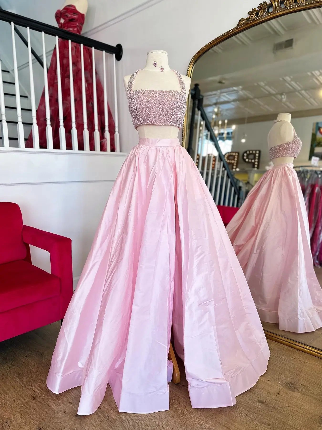 Pink Two-Piece Satin Prom Dress with Slit, Pearl Bodice & Halter Neck – Style FD5193-prom dresses 2025 -Viniodress-Pink-Custom Size-