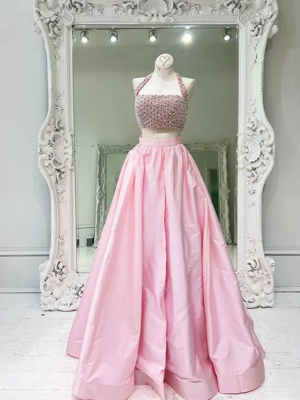 prom dresses 2025 Pink Two-Piece Satin Prom Dress with Slit, Pearl Bodice & Halter Neck – Style FD5193-plus size wedding dresses Viniodress-Pink-Custom Size-