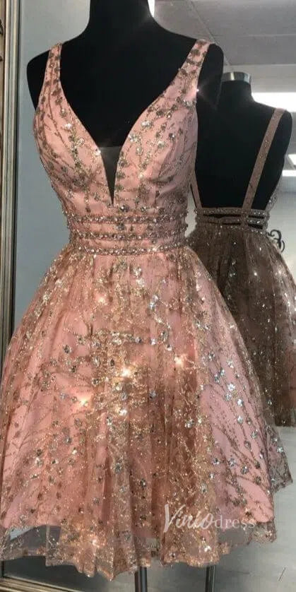 Pink V-neck Glittering Homecoming Dresses SD1180-Homecoming Dresses 2025 -Viniodress-Pink-Custom Size-