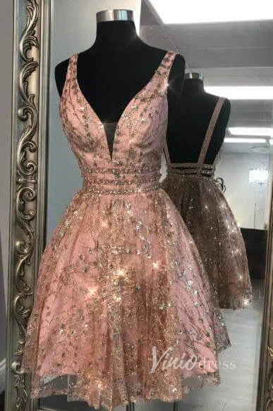Pink V-neck Glittering Homecoming Dresses SD1180-Homecoming Dresses 2025 -Viniodress-Pink-Custom Size-
