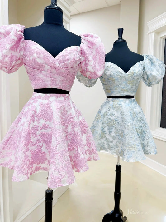 Pink Watercolor Print Mini Prom Dress with Puff Sleeves & Sweetheart Neckline – JC043-Homecoming Dresses 2026-Viniodress-Pink-Custom Size – Add Measurements in Cart-
