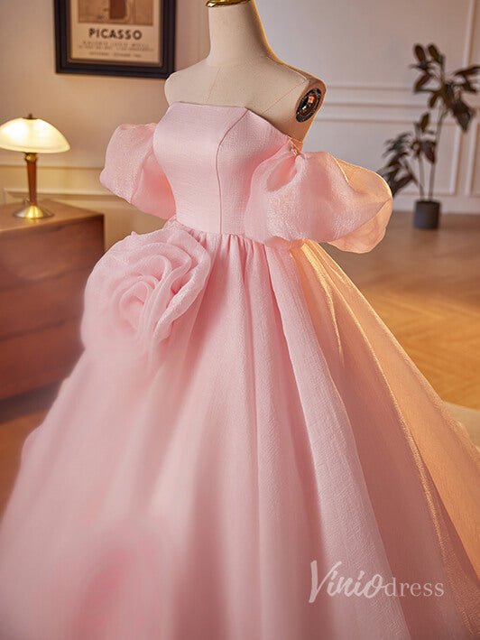 Pink Wrinkled Organza Prom Dresses Puffed Sleeve Rosette Quinceanera Dress 90032-prom dresses 2025 -Viniodress-Pink-Custom Size-