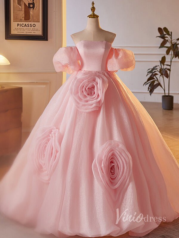 Pink Wrinkled Organza Prom Dresses Puffed Sleeve Rosette Quinceanera Dress 90032-prom dresses 2025 -Viniodress-Pink-Custom Size-