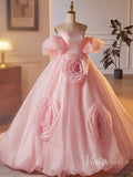 Pink Wrinkled Organza Prom Dresses Puffed Sleeve Rosette Quinceanera Dress 90032-prom dresses-Viniodress-Viniodress