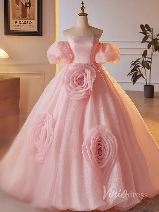 Pink Wrinkled Organza Prom Dresses Puffed Sleeve Rosette Quinceanera Dress 90032 - Viniodressprom dressesPinkCustom Size - Formal Dresses - Ball Gowns