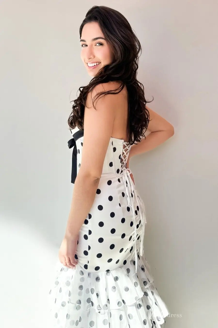 Playful Polka Dot Prom Dress with Tiered Ruffle Skirt, Corset Bodice & Bow Detail – RF051B-Prom Dresses 2026-Viniodress-Black-Custom Size – Add Measurements in Cart-