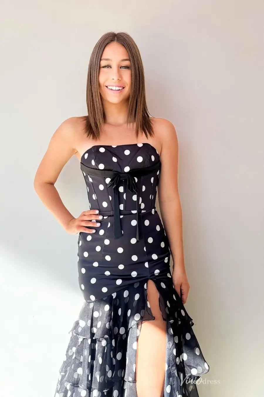 Playful Polka Dot Prom Dress with Tiered Ruffle Skirt, Corset Bodice & Bow Detail – RF051B-Prom Dresses 2026-Viniodress-Black-Custom Size – Add Measurements in Cart-