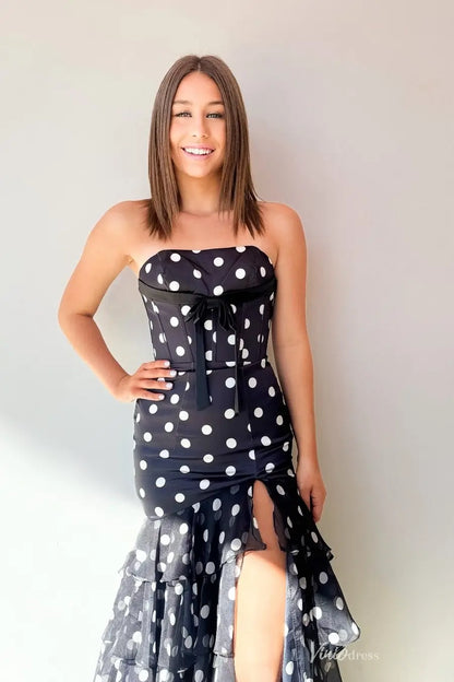 Playful Polka Dot Prom Dress with Tiered Ruffle Skirt, Corset Bodice & Bow Detail – RF051B-Prom Dresses 2026-Viniodress-Black-Custom Size – Add Measurements in Cart-