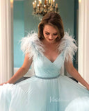 Pleated Baby Blue Prom Dress Feather Formal Gown FD1270-prom dresses-Viniodress-Viniodress