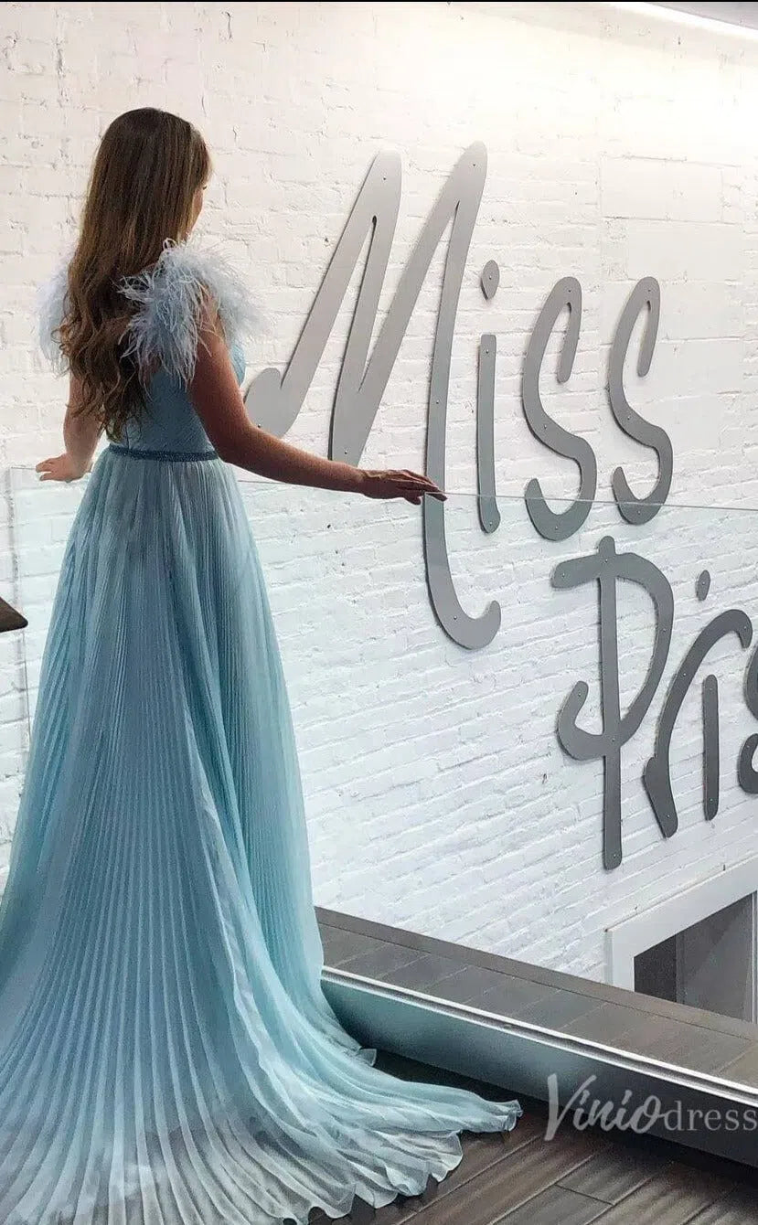 Pleated Baby Blue Prom Dress Feather Formal Gown FD1270-prom dresses-Viniodress-Light Blue-Custom Size-Viniodress