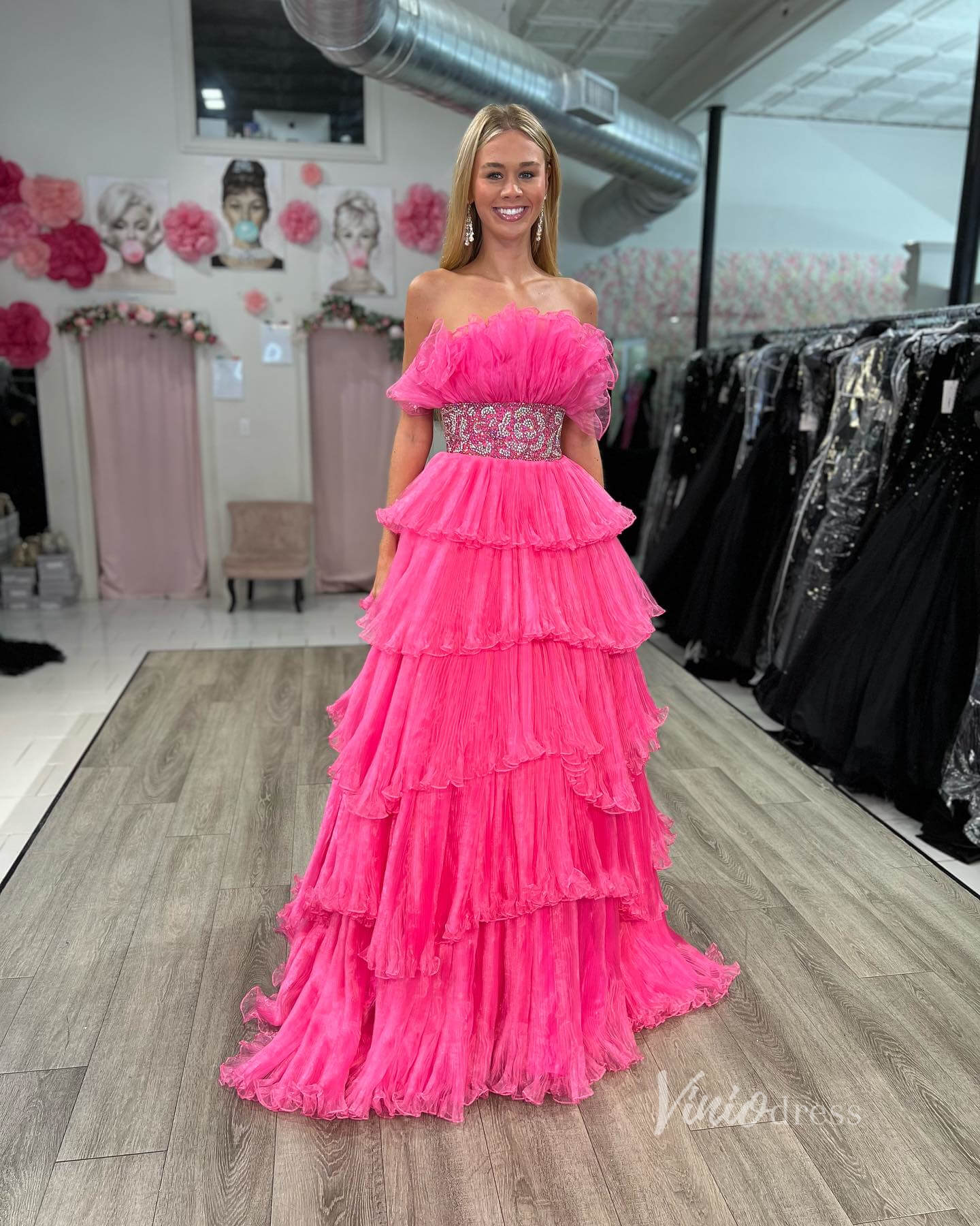 Pleated Organza Ruffle Prom Dresses Tiered Ball Gowns FD3602B-prom dresses 2025 -Viniodress-Hot Pink-Custom Size-