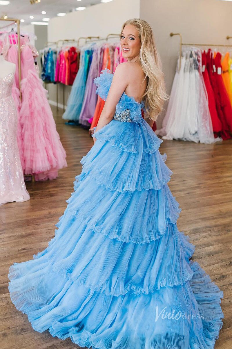 Pleated Organza Ruffle Prom Dresses Tiered Ball Gowns FD3602B-prom dresses 2025 -Viniodress-Light Blue-Custom Size-