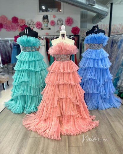 Pleated Organza Ruffle Prom Dresses Tiered Ball Gowns FD3602B-prom dresses 2025 -Viniodress-Light Blue-Custom Size-