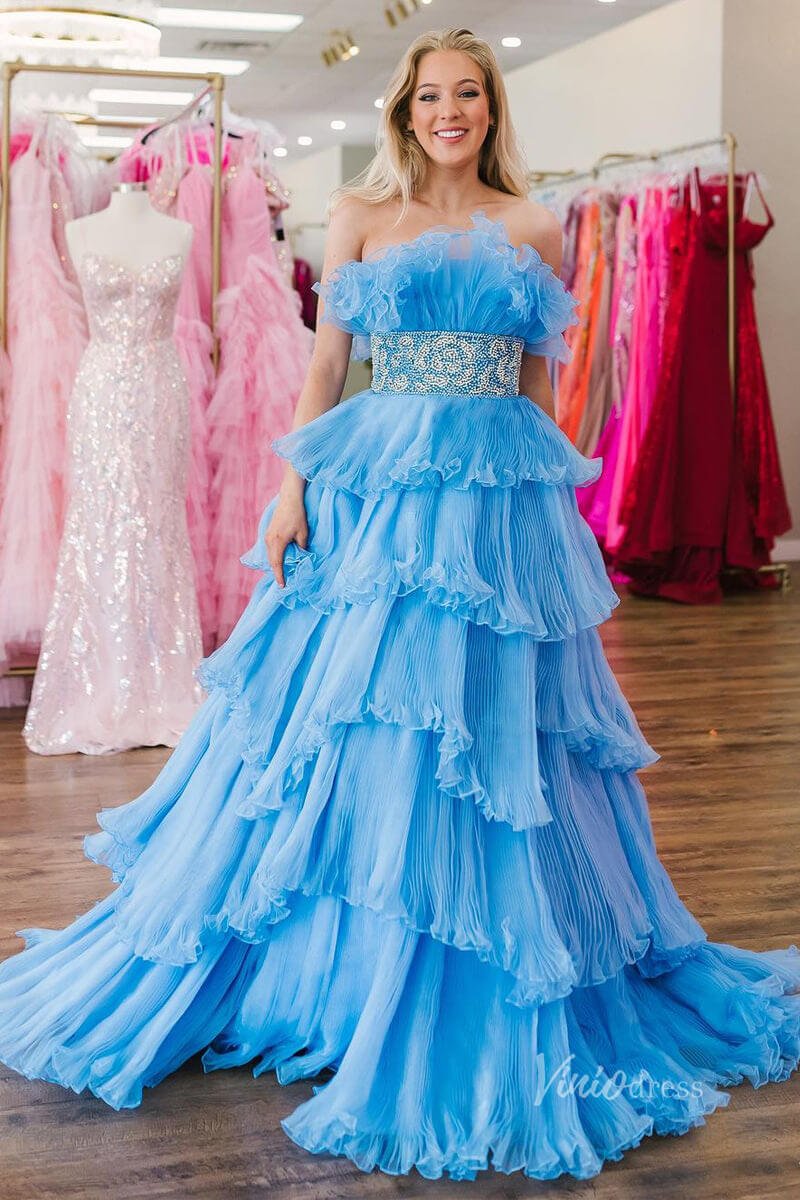 Pleated Organza Ruffle Prom Dresses Tiered Ball Gowns FD3602B-prom dresses 2025 -Viniodress-Light Blue-Custom Size-