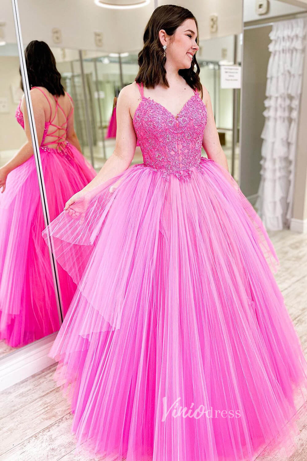 Prom Dress 2025 Pleated Tulle Fuchsia Prom Dresses Spaghetti Strap Lace-up Back FD3070B-unique prom dresses-Fuchsia-Custom Size-Viniodress