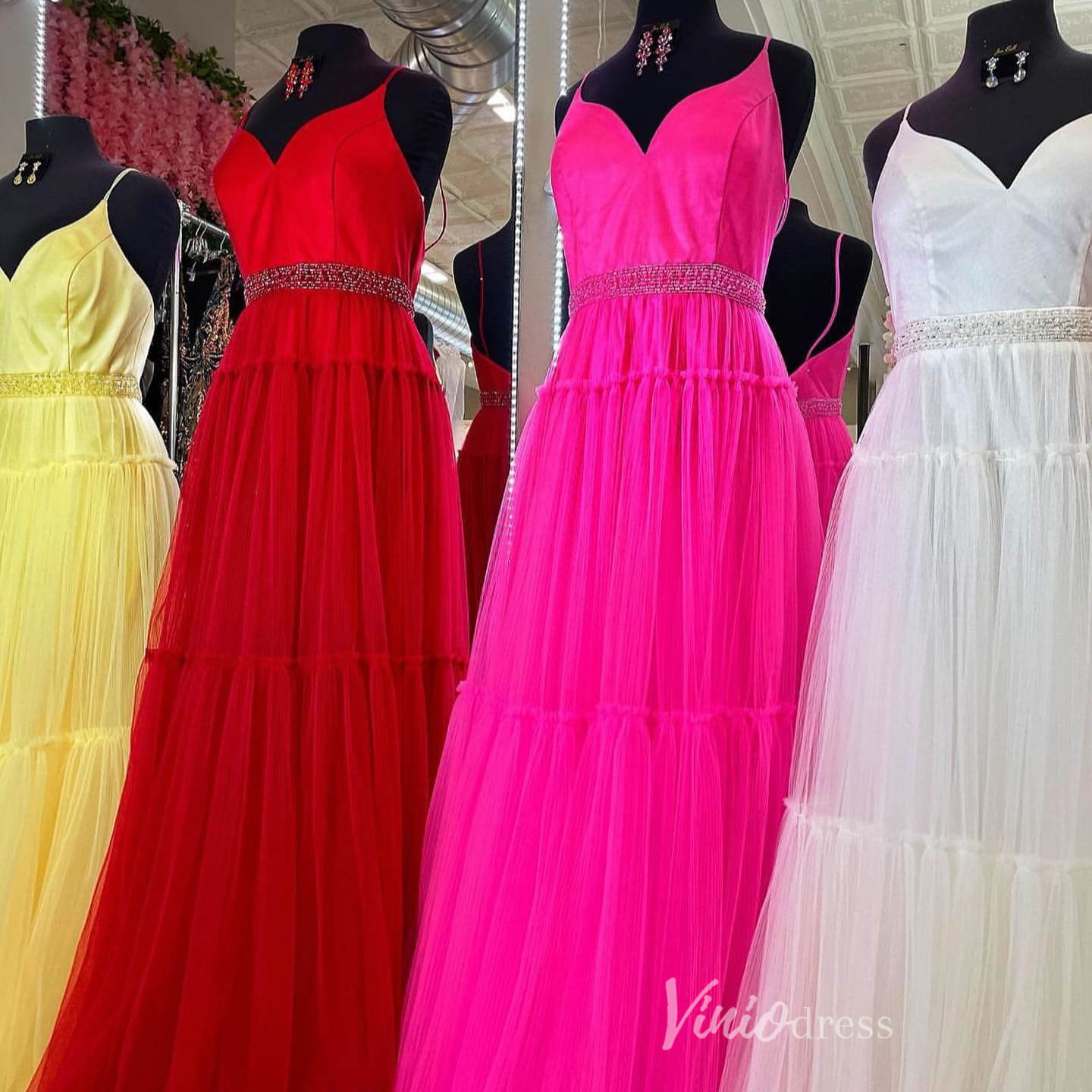 Pleated Tulle Spaghetti Strap Prom Dresses Beaded Waist V-Neck FD4012-prom dresses 2025 -Viniodress-Red-Custom Size-