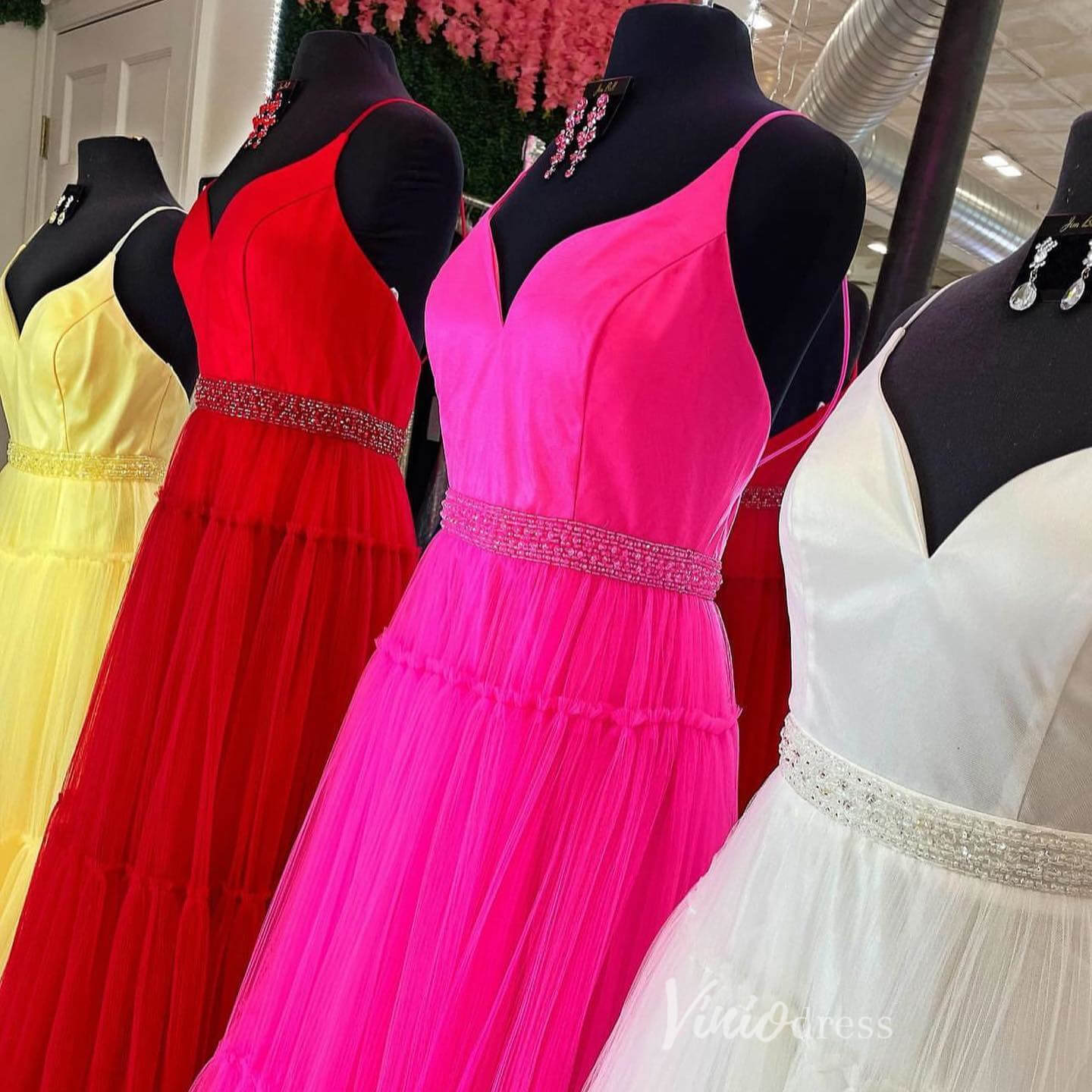 Pleated Tulle Spaghetti Strap Prom Dresses Beaded Waist V-Neck FD4012-prom dresses 2025 -Viniodress-Red-Custom Size-