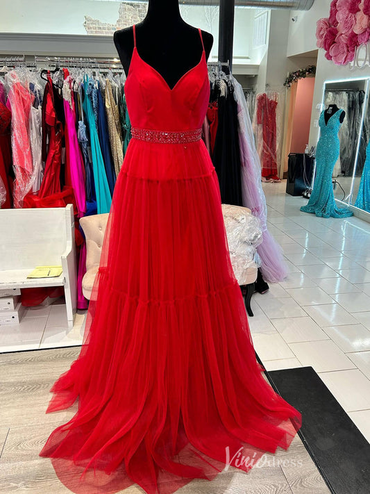 Pleated Tulle Spaghetti Strap Prom Dresses Beaded Waist V-Neck FD4012-prom dresses 2025 -Viniodress-Red-Custom Size-
