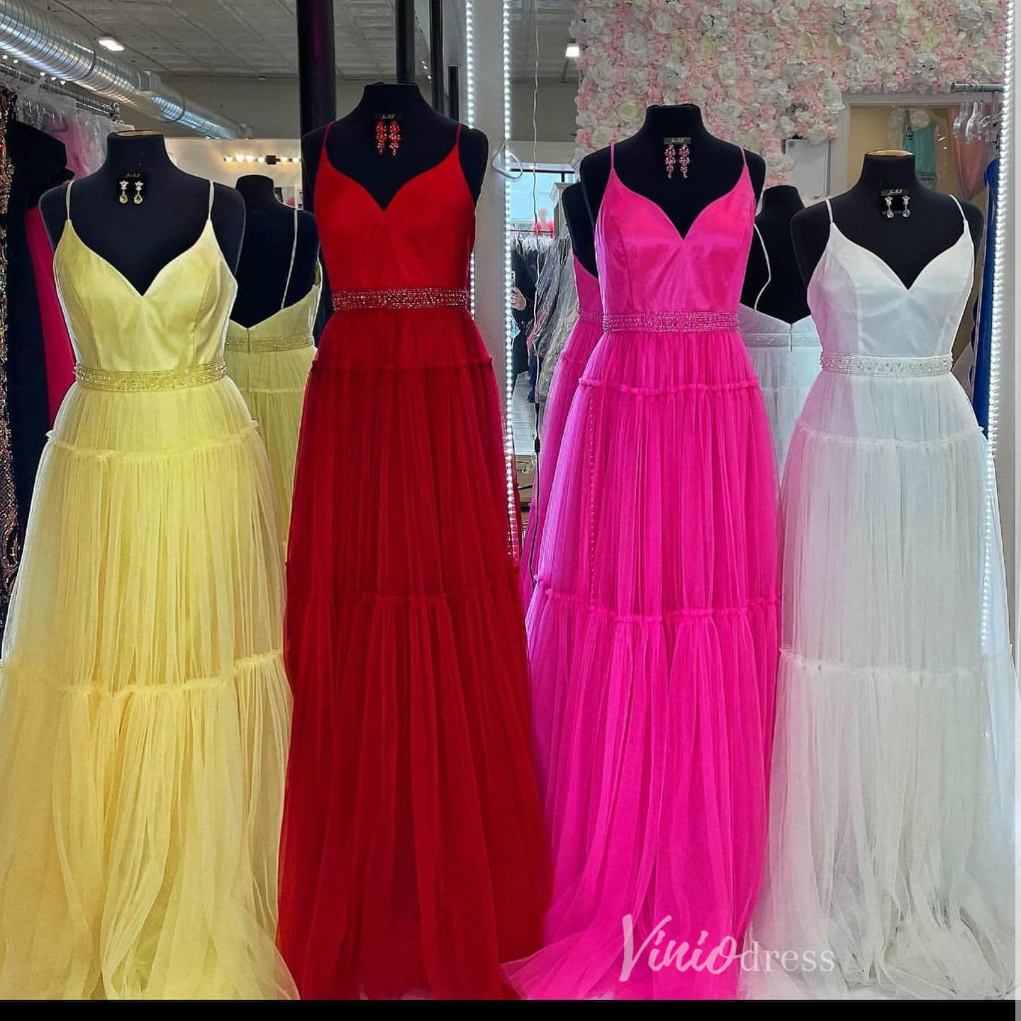 Pleated Tulle Spaghetti Strap Prom Dresses Beaded Waist V - Neck FD4012 - Viniodressprom dressesRedCustom Size - Formal Dresses - Ball Gowns