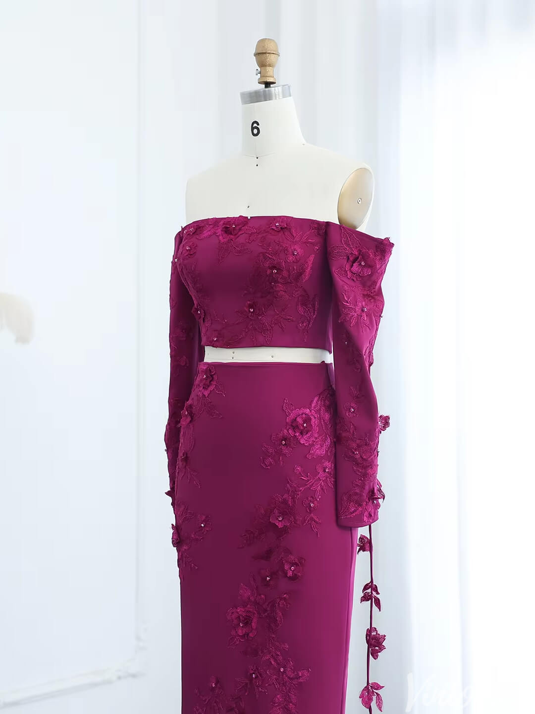 Plum Sheath Wedding Guest Dresses Off Shoulder Long Sleeve Prom Dress FD1717-Evening Dresses 2025 -Viniodress-Plum-US 2-