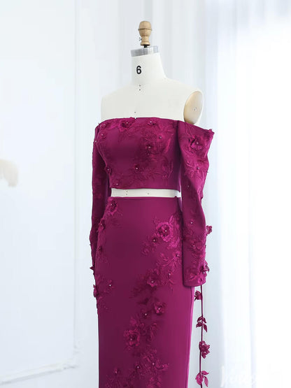 Plum Sheath Wedding Guest Dresses Off Shoulder Long Sleeve Prom Dress FD1717-Evening Dresses 2025 -Viniodress-Plum-US 2-