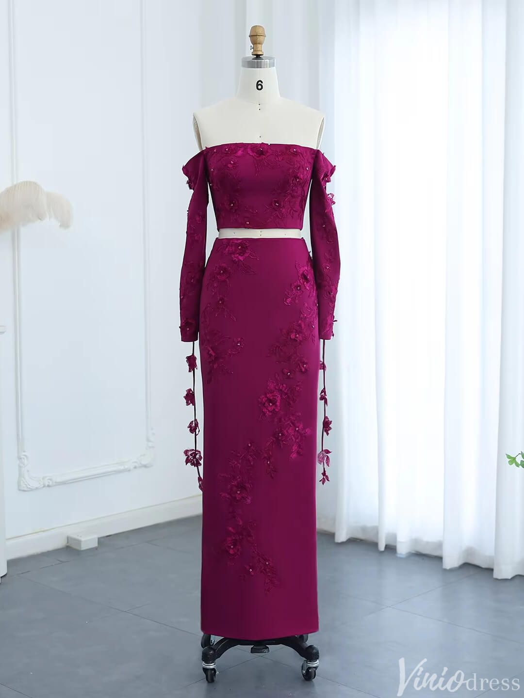 Plum Sheath Wedding Guest Dresses Off Shoulder Long Sleeve Prom Dress FD1717-Evening Dresses 2025 -Viniodress-Plum-US 2-