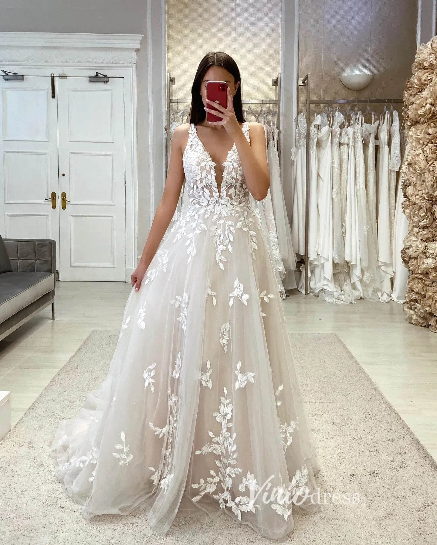 Plunging V-neck A-line Wedding Dresses Ethereal Lace Country Bridal Dresses VW1861-wedding dresses 2025 -Viniodress-Champagne-Custom Size-