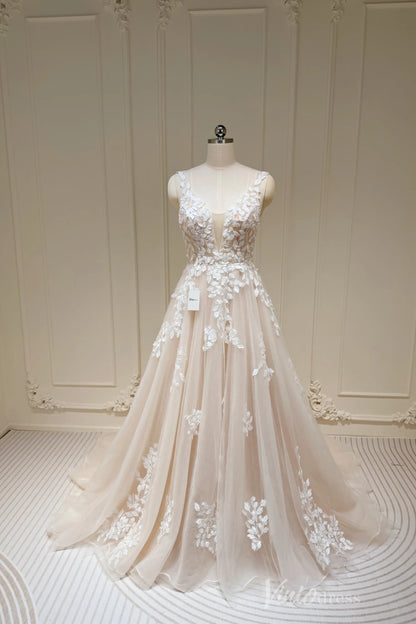 Plunging V-neck A-line Wedding Dresses Ethereal Lace Country Bridal Dresses VW1861-wedding dresses 2025 -Viniodress-Champagne-Custom Size-