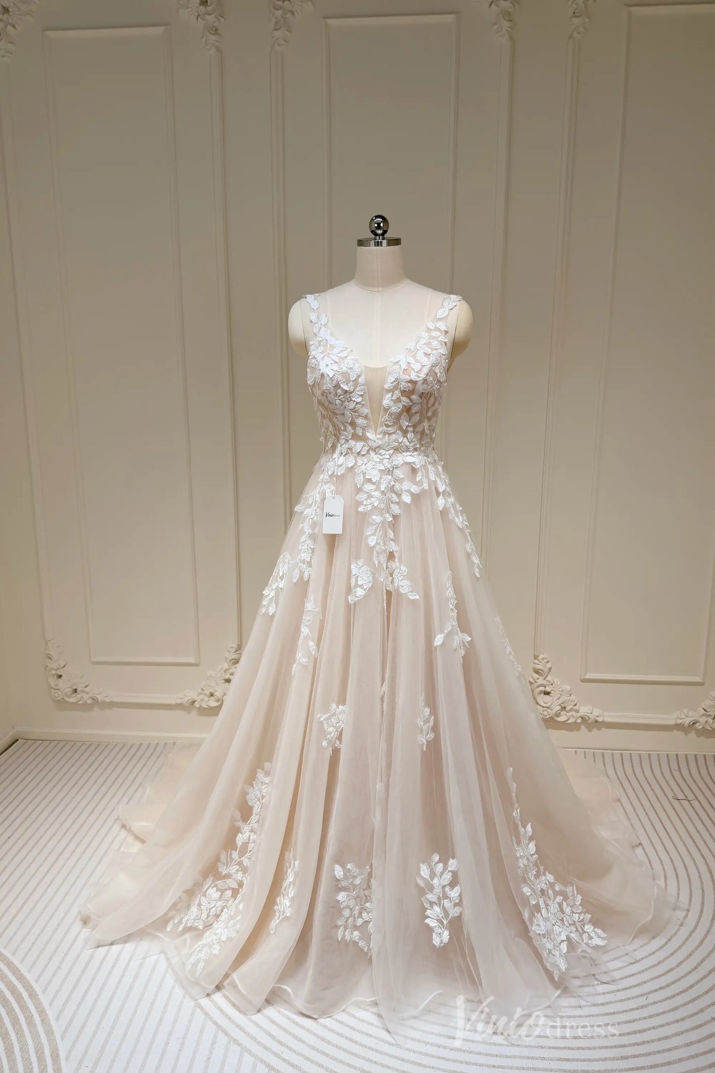 Plunging V-neck A-line Wedding Dresses Ethereal Lace Country Bridal Dresses VW1861-wedding dresses 2025 -Viniodress-Champagne-Custom Size-