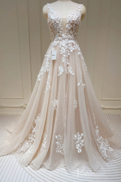 Plunging V-neck A-line Wedding Dresses Ethereal Lace Country Bridal Dresses VW1861-wedding dresses 2025 -Viniodress-Champagne-Custom Size-
