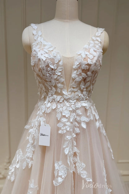 Plunging V-neck A-line Wedding Dresses Ethereal Lace Country Bridal Dresses VW1861-wedding dresses 2025 -Viniodress-Champagne-Custom Size-