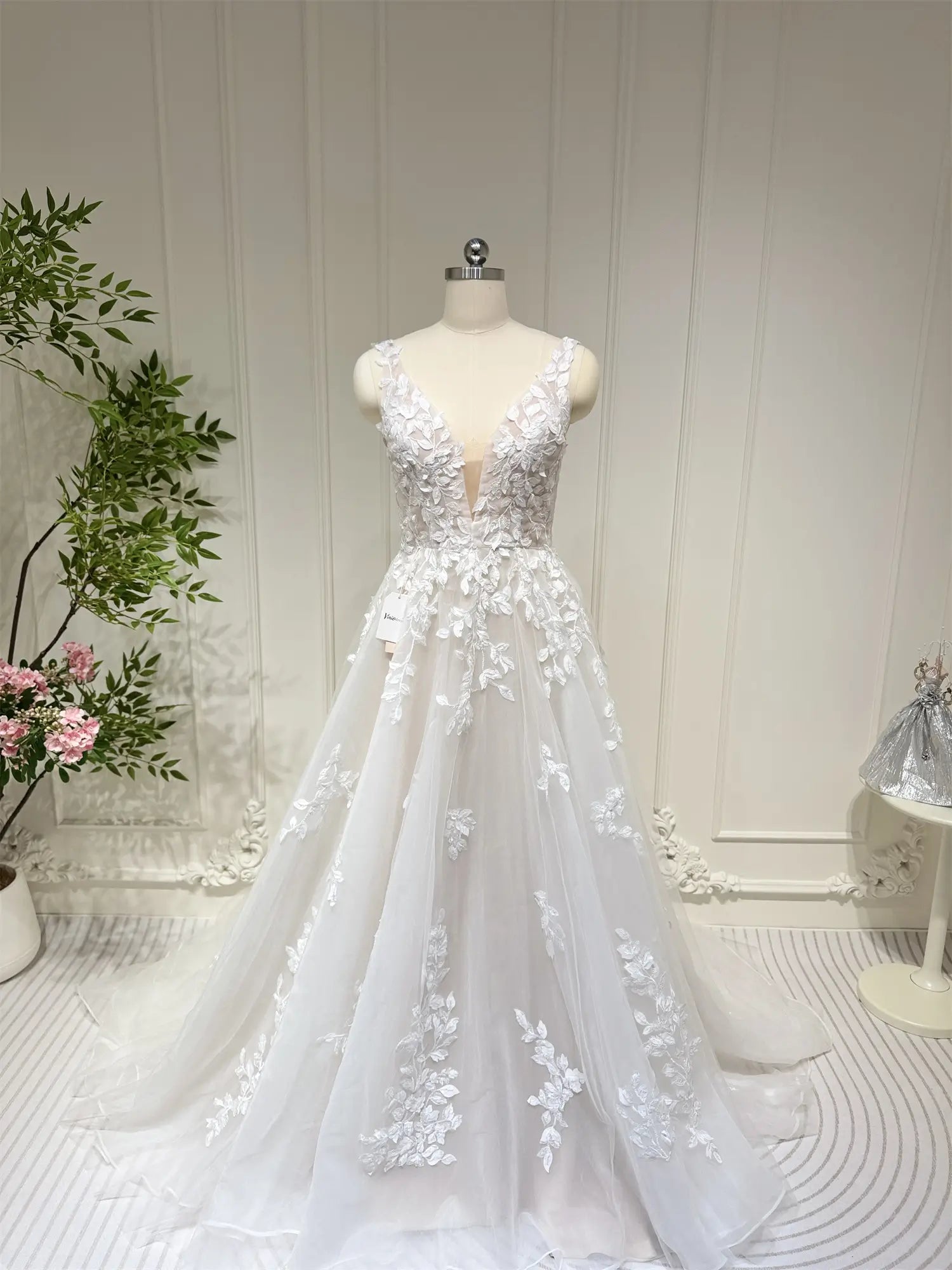 wedding dresses 2025 Plunging V-neck A-line Wedding Dresses Ethereal Lace Country Bridal Dresses VW1861-plus size wedding dresses Viniodress-Champagne-Custom Size-