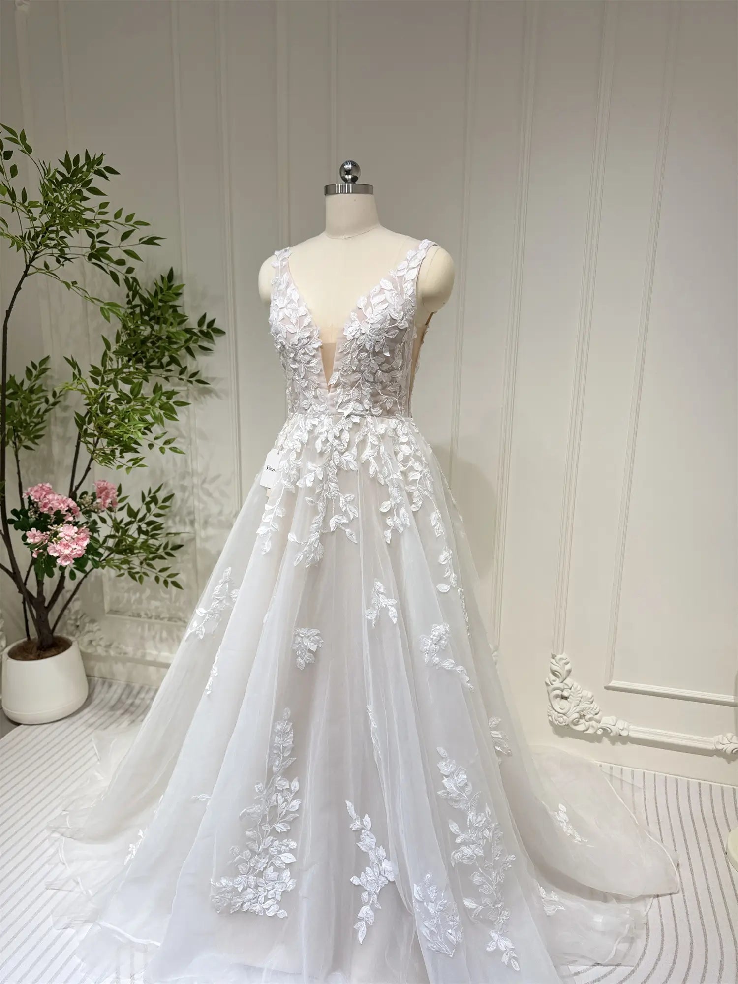 wedding dresses 2025 Plunging V-neck A-line Wedding Dresses Ethereal Lace Country Bridal Dresses VW1861-plus size wedding dresses Viniodress-Champagne-Custom Size-