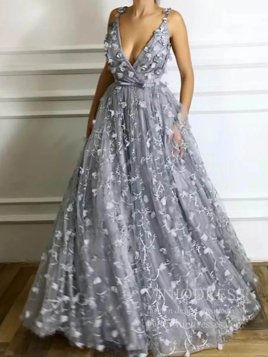 Prom Dress 2025 Plunging V Neck Gray 3D Floral Prom Dresses with Pockets FD1723-unique prom dresses-Grey-Custom Size-Viniodress