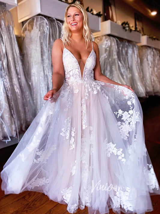 Plunging V-neck Lace Appliqued Wedding Dresses Spaghetti Strap VW2075-wedding dresses 2025 -Viniodress-Nude-Custom Size-