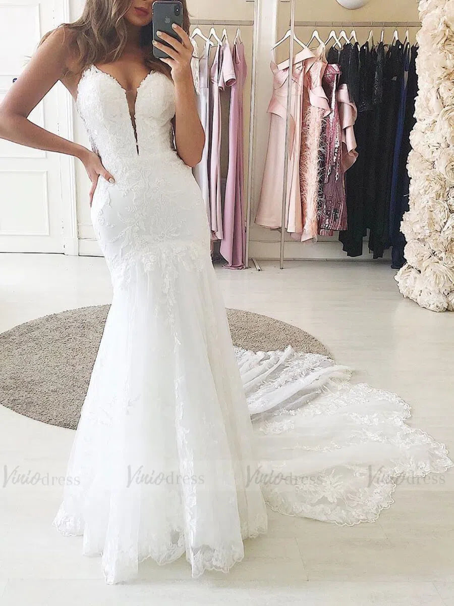 Plunging V Neck Lace Mermaid Wedding Dresses with Straps VW1318-wedding dresses-Viniodress-Ivory-Custom Size-Viniodress